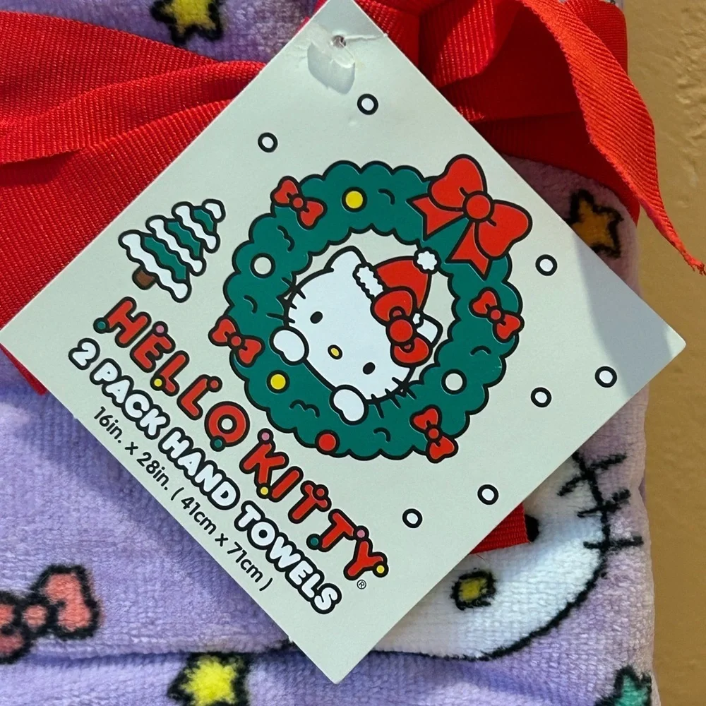 Hello Kitty 2 Pack Of Hand Towels Made By Sanrio. Purple + Bows & Stars. NWTS.